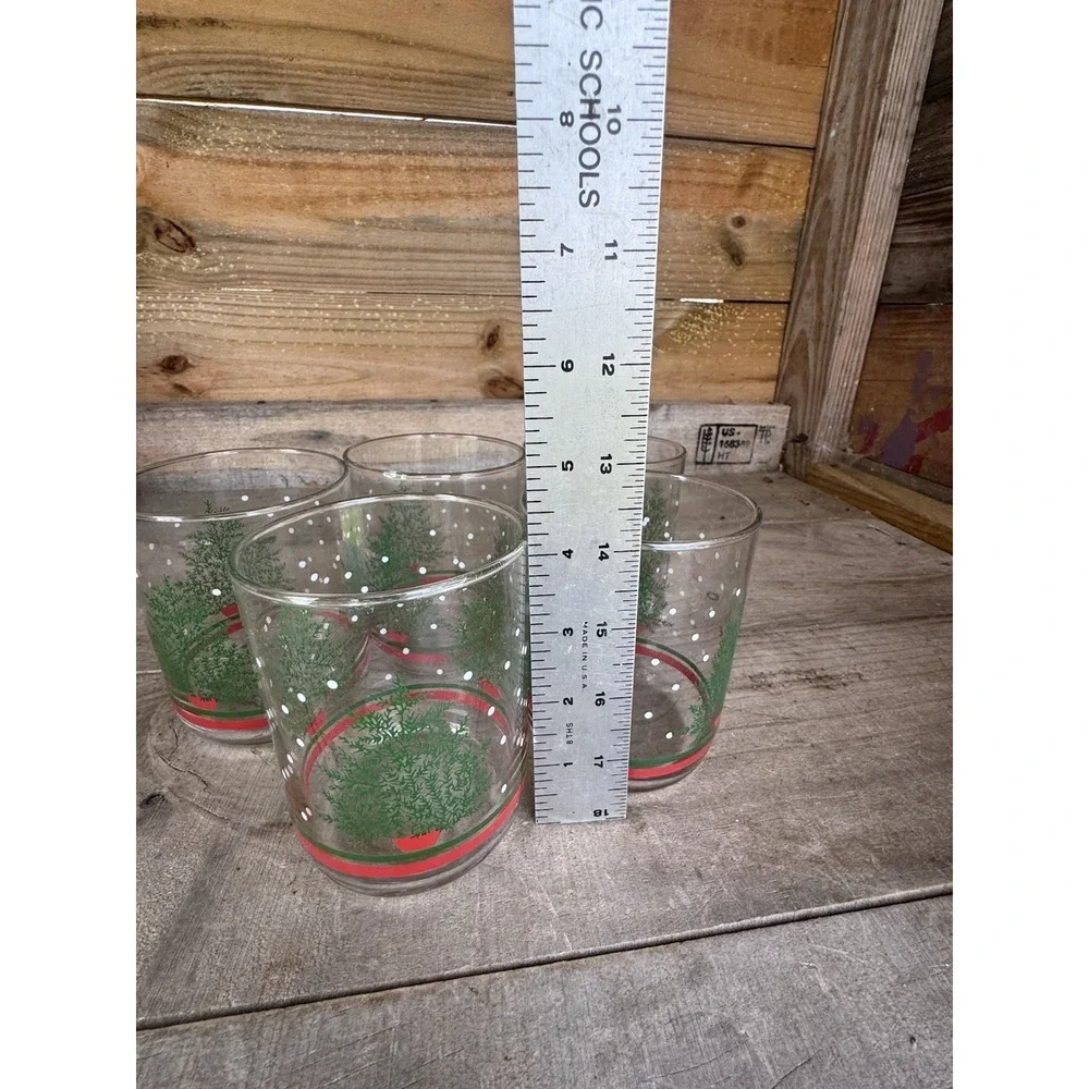 5 Vintage Libbey Christmas tree snow‎ dots double old fashioned glass tumblers